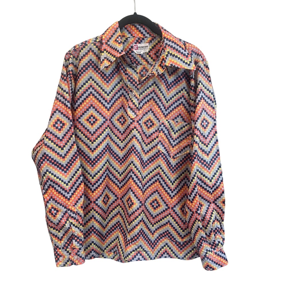 Vintage Saska Parrott Retro Geometric Pattern Pullover Shirt Multicolor Nylon L